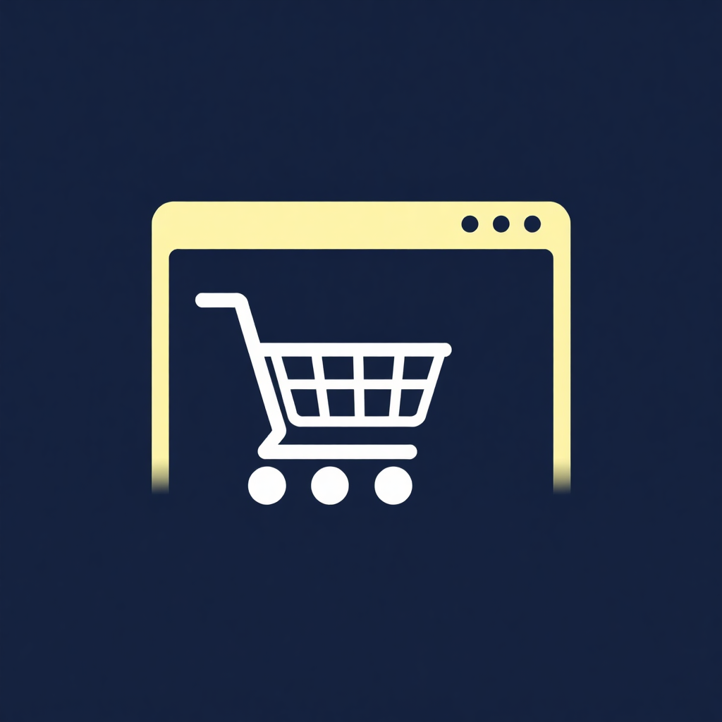 The image is a simple illustration of a shopping cart icon on a dark blue background. The shopping cart is in the center of the image, with a rectangular frame around it. The frame is gold in color and has a simple design with rounded edges. Inside the frame, there is a small white shopping basket with four wheels. The basket is empty and appears to be empty. The image is simple and minimalistic, with no other elements or design elements.