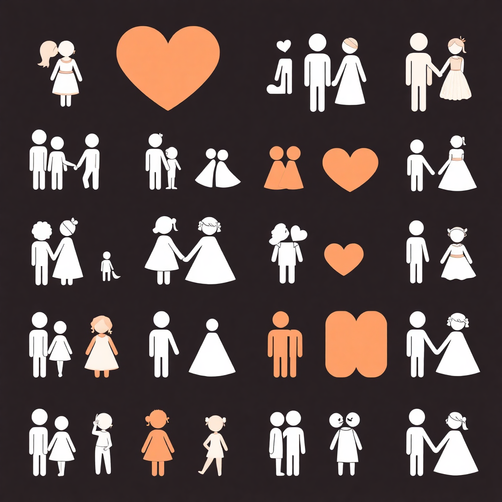 The image shows a black background with a set of white and orange icons depicting a man and a woman, as well as a heart symbol. The icons are arranged in a symmetrical pattern, with the man and woman in the center and the heart symbol radiating outwards. The man is wearing a suit and tie, while the woman is wearing an apron and a dress. The heart symbol is a bright red color, adding a pop of color to the otherwise monochromatic image.