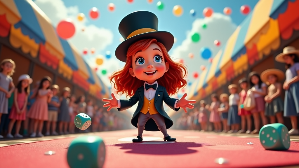 During a charity event, a young girl, dressed as Mr. Monopoly complete with a plush top hat, dazzles the audience as she rolls giant dice. Her role as a charismatic host encourages players to participate in a life-sized Monopoly game, fostering community spirit and the joy of giving back.