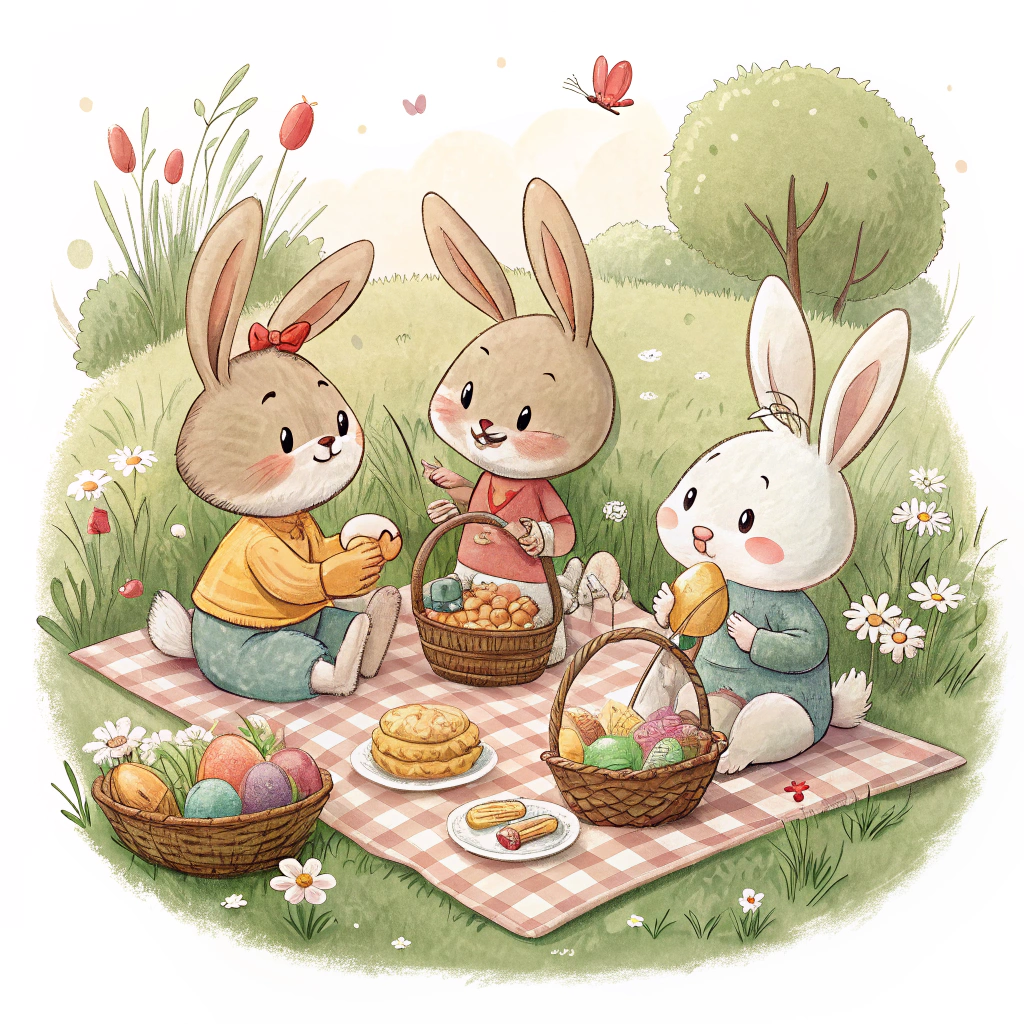 Design a sticker with a group of cartoon bunnies relaxing and enjoying a picnic in a field after the busy Easter weekend, symbolizing a restful Easter Monday.