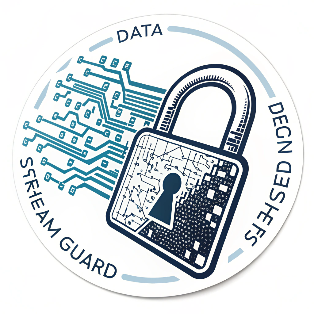 Sub-design Idea 4: Data Stream Guard Lock Sticker - A padlock depicted with abstract digital lines or pixel patterns flowing towards it or being contained within it, representing the protection of data flow and digital information.