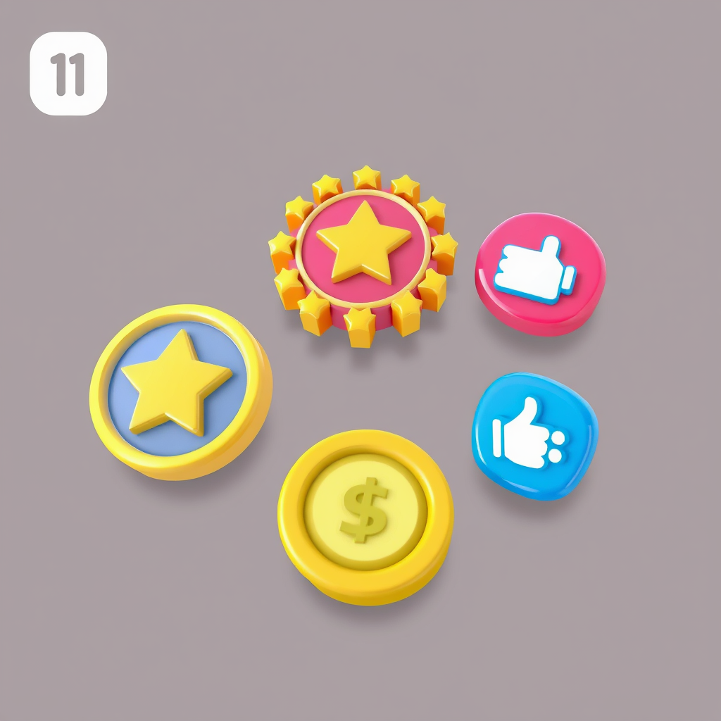 Sub-Design Idea 1: Dynamic 3D AR Badges. Icons as interactive 3D objects viewable in AR. Achievements are represented by animated or evolving 3D badges, while interaction icons (like, share) are distinct, tappable 3D elements.