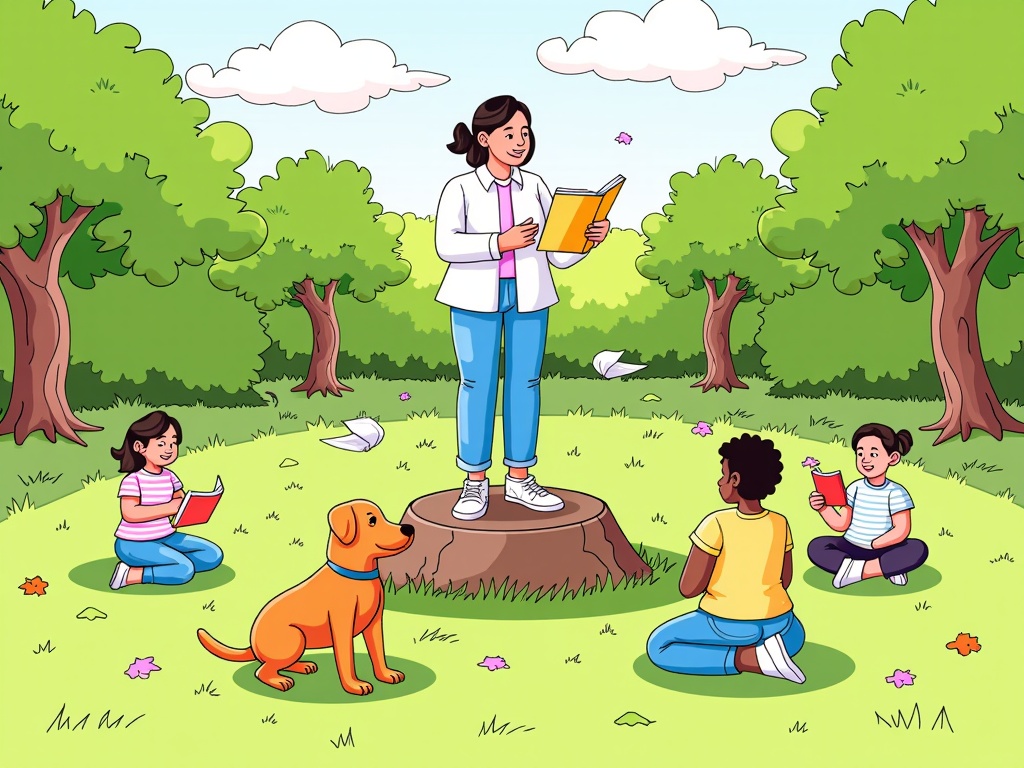 An illustration featuring a single poet standing on a small, natural rise or a low wooden platform in a park clearing, passionately reciting poetry. A small, engaged audience, including children and maybe a leashed dog, sits cross-legged on the grass before them.