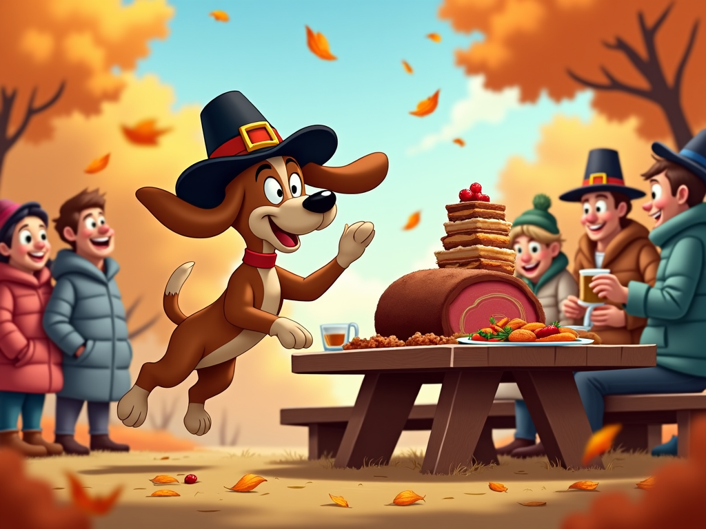 A lively cartoon dog, dressed in a pilgrim hat, playfully circles an outdoor Thanksgiving banquet. There's a savory lamb roast and a high stack of pies on a picnic table, with guests, donning hats and puffy jackets, enjoying alfresco dining amidst the falling golden leaves. The scene captures the vitality and fun of a celebration amid nature.