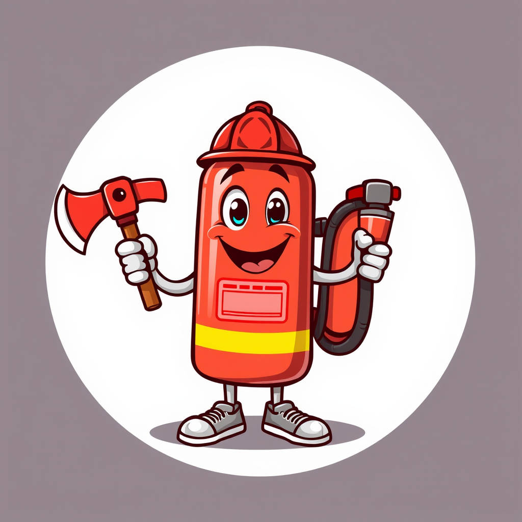 A cartoonish fire extinguisher character holding a tiny axe and hose, designed for educational materials aimed at children, promoting fire safety awareness.