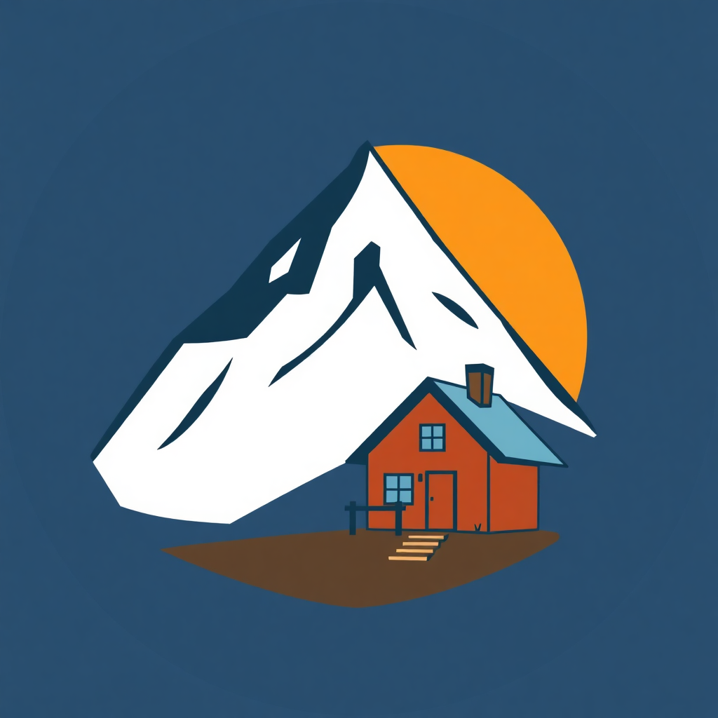 An abstract representation of a mountain peak using geometric shapes and cool colors, juxtaposed with a warmly colored, circular shape representing the cozy cottage.