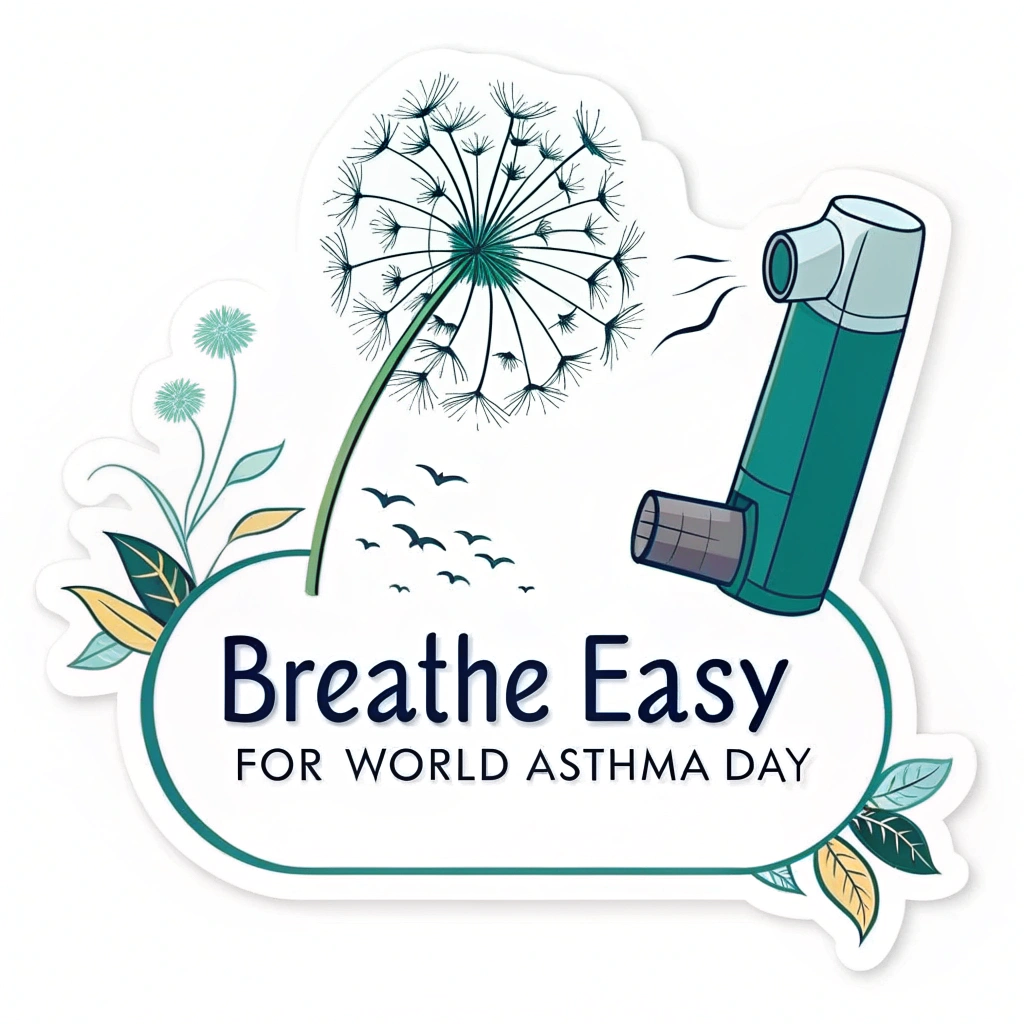 A simplified inhaler releasing a puff that transforms into a flying dove or a dandelion seed head carried by the wind. 'Breathe Easy for World Asthma Day'.