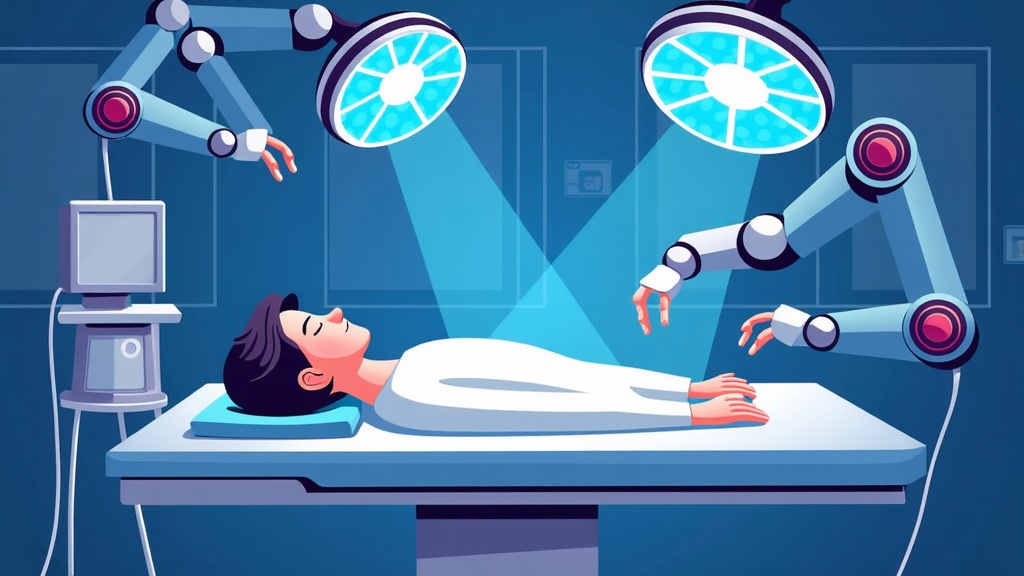 Patient-Centric Serene Tech: Depict a patient calmly undergoing robotic surgery. Sleek, unobtrusive robotic arms move with grace, guided by ethereal light patterns or sophisticated holograms representing the AI precision overlay, highlighting the safety and advanced care.