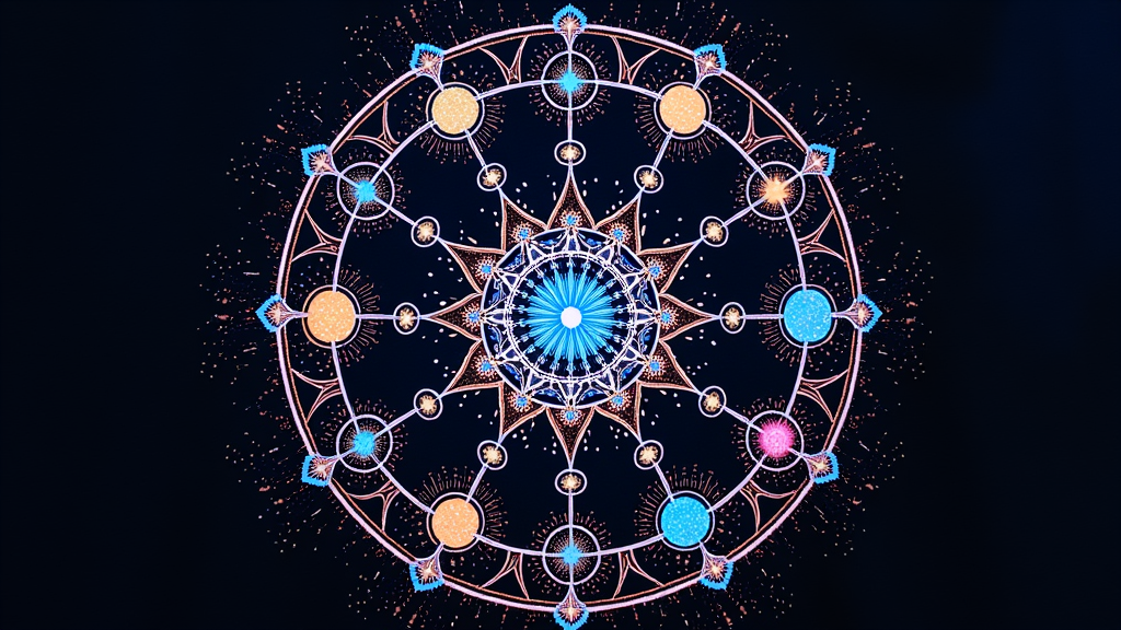 Sacred geometry design featuring mandalas composed of crescent moons, stars, and planetary symbols, set against a dark, starry playa night, potentially using UV reactive ink.