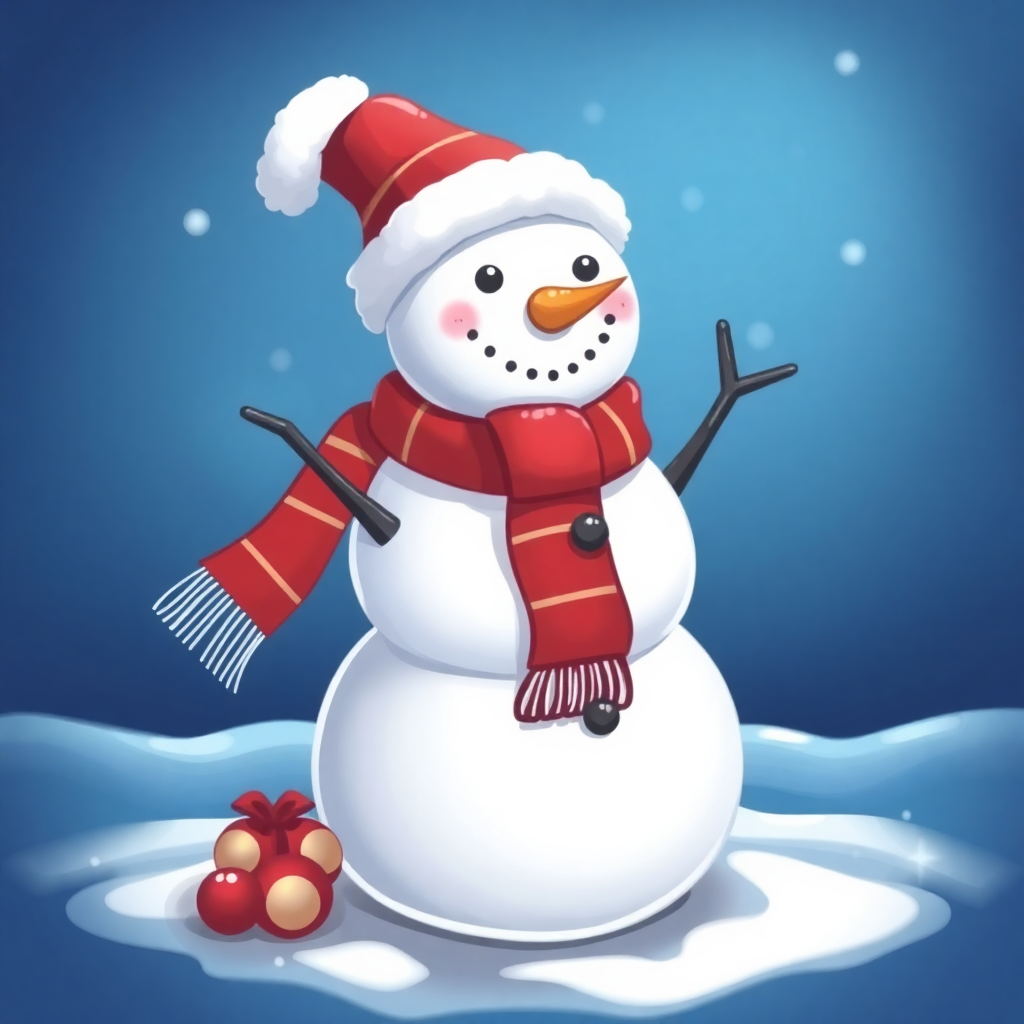 The image shows a snowman wearing a red hat and scarf, standing in the snow with two red balls beside it. The background is a deep blue color, giving the image an animated feel.