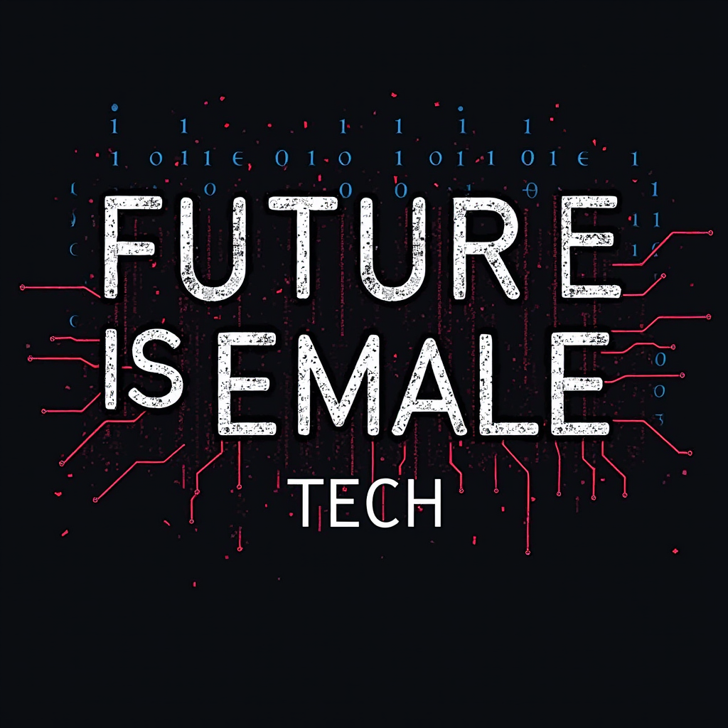 Binary Code & Bold Text: The core message 'FUTURE IS FEMALE' in a clean, impactful bold typeface. This is complemented by binary code (0s and 1s) integrated as a background pattern, a design element within the letters, or with 'TECH' spelled out in binary (e.g., '01010100 01000101 01000011 01001000') as a distinct bold line.