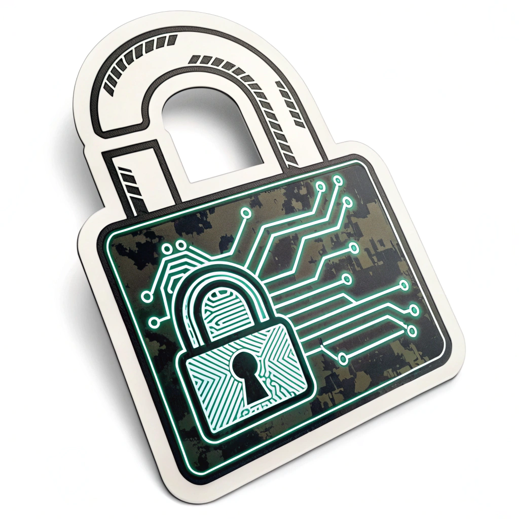 Sub-design 2: A stylized, modern padlock shape composed of glowing neon circuit board lines. The 'encrypted' aspect can be shown by abstract, pixelated patterns or a subtle digital camouflage texture within the body of the lock.