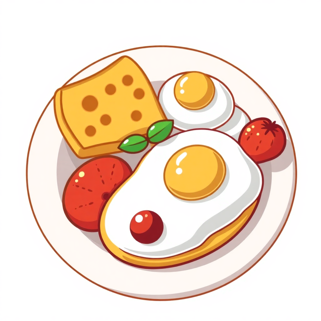 The image is an illustration of a breakfast plate. On the plate, there are two fried eggs, a slice of toast, and two strawberries. The eggs are cooked sunny-side up and have a golden brown yolk. The toast is golden brown and appears to be toasted. There are also two small green leaves on top of the eggs. The strawberries are bright red and look ripe and juicy. The plate is white and round.