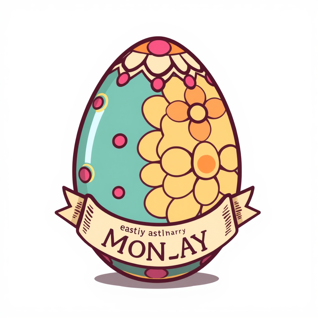 A decorated egg with a small banner that says 'Easter Monday'.