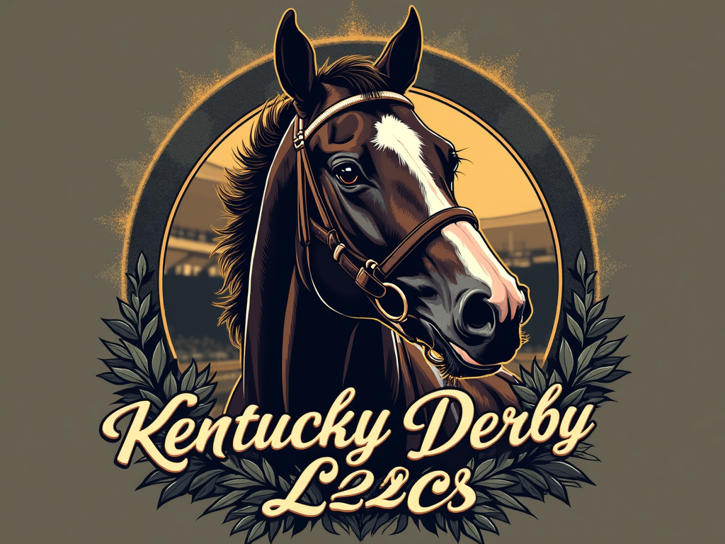 Design Idea 5: 'Winner's Spotlight Portrait Tee' - A celebratory portrait of the winning thoroughbred standing proud, perhaps with a subtle spotlight effect or a background hinting at the Winner's Circle. The horse's noble features and spirit are the focus. Typography: 'Kentucky Derby 2025 - A Champion's Legacy' in a sophisticated script or a strong, clear display font.