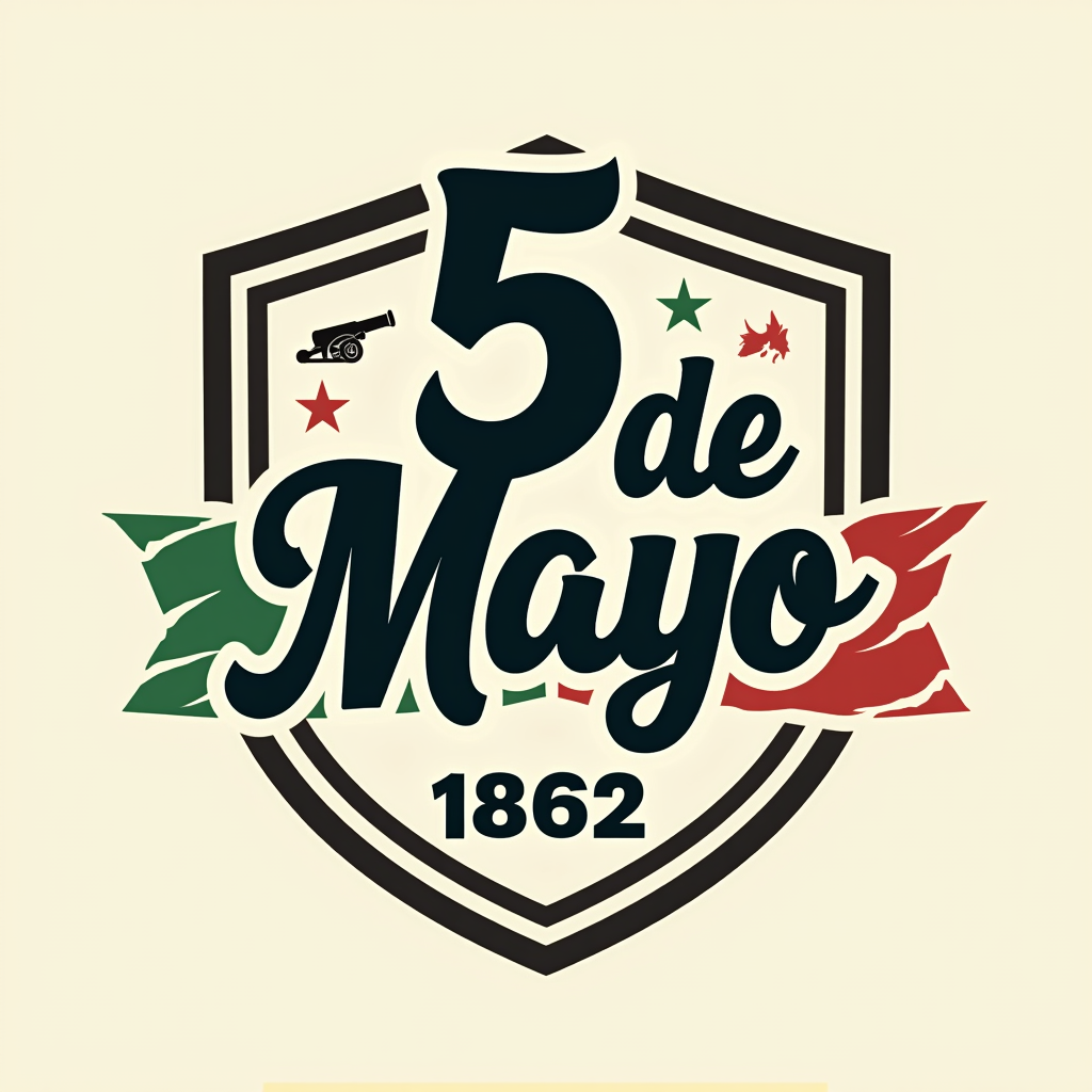 Simple Logo Idea: A compact logo featuring '5 de Mayo' stylized within a shield or banner, incorporating '1862' and a small, symbolic element like a cannon or a fragment of the Mexican flag colors.