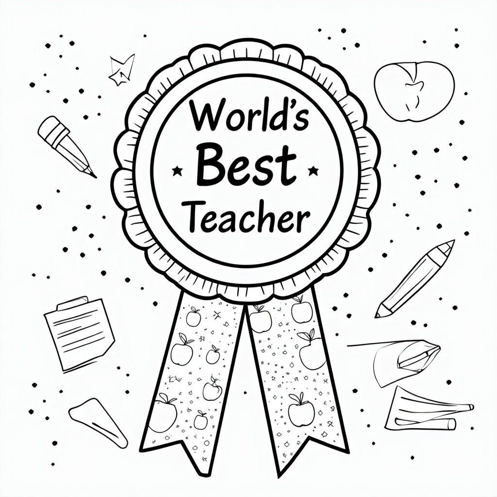 A classic rosette award ribbon with 'World's Best Teacher' prominently in the center. The ribbon tails can feature patterns like apples, books, or pencils for coloring. The background could include subtle school-themed elements like stars or chalkboards.