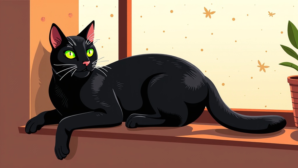 The image is an illustration of a black cat lying on a window sill. The cat is lying on its side with its body stretched out and its head resting on its front paws. It has green eyes and pink ears. The background is a beige wall with small gold stars scattered around. On the right side of the image, there is a potted plant with green leaves. The overall color scheme is warm and inviting.