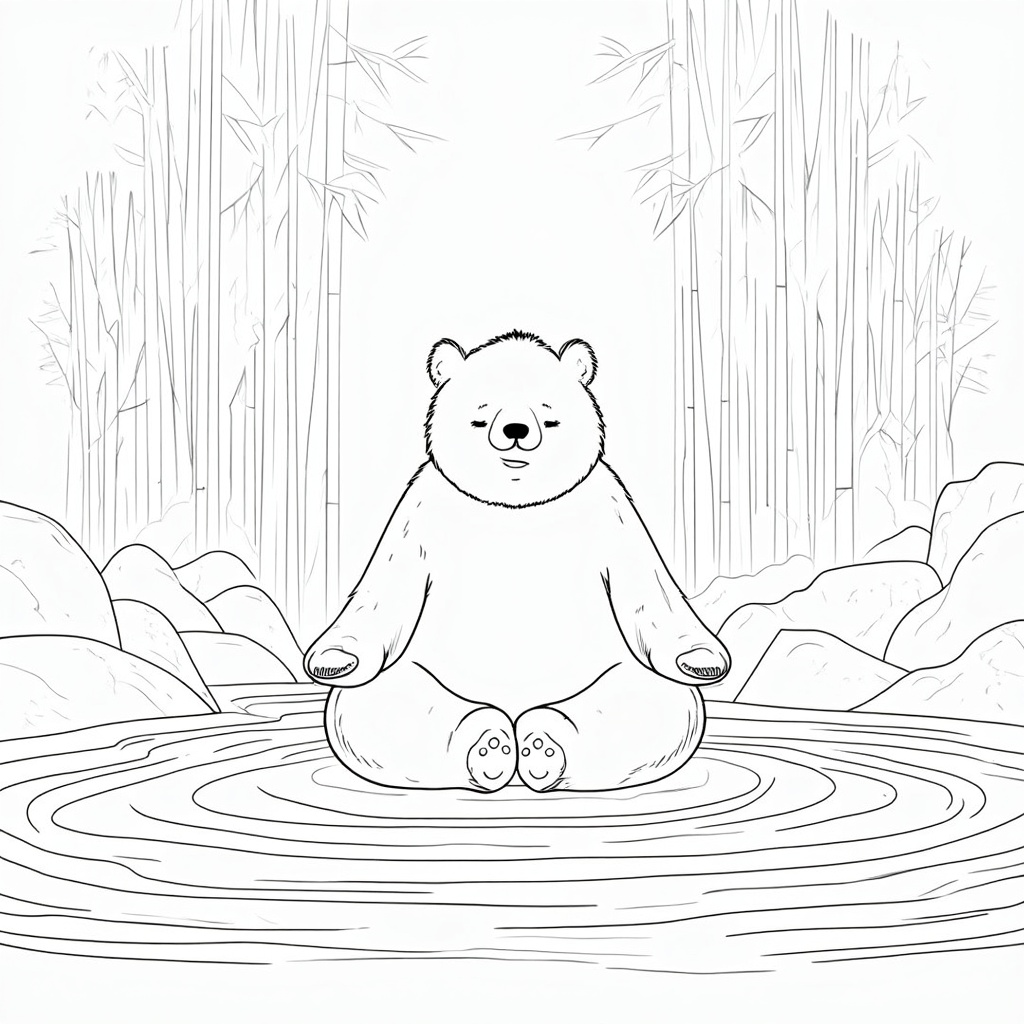 A serene bear meditating in a Zen garden, surrounded by smooth stones and bamboo.