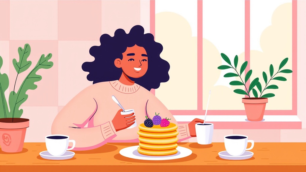  a young woman sitting at a table with a stack of pancakes in front of her. She is wearing a pink sweater and has curly black hair. The pancakes are golden brown and appear to be freshly made. On top of the pancakes, there are a few berries and a spoon. There are two cups of coffee on the table next to the table. The background is a pink tiled wall with a window and two potted plants. The overall mood of the image is cheerful and relaxed.