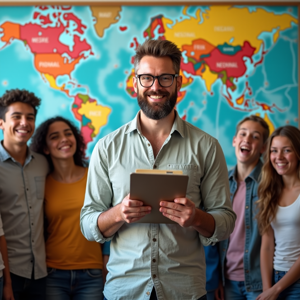 A male teacher with a neat beard holding a clipboard stands in front of a diverse group of students, ready for a field trip. The bulletin board behind him is covered with vibrant maps and travel brochures.