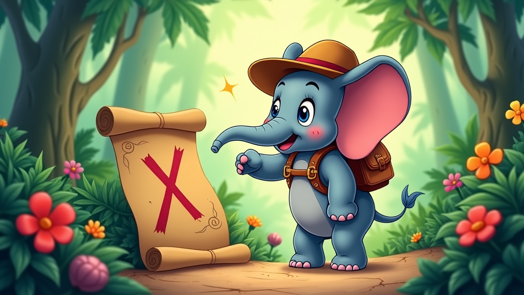 Elly with a map and compass, her trunk pointing towards an 'X' marking a hidden treasure spot.