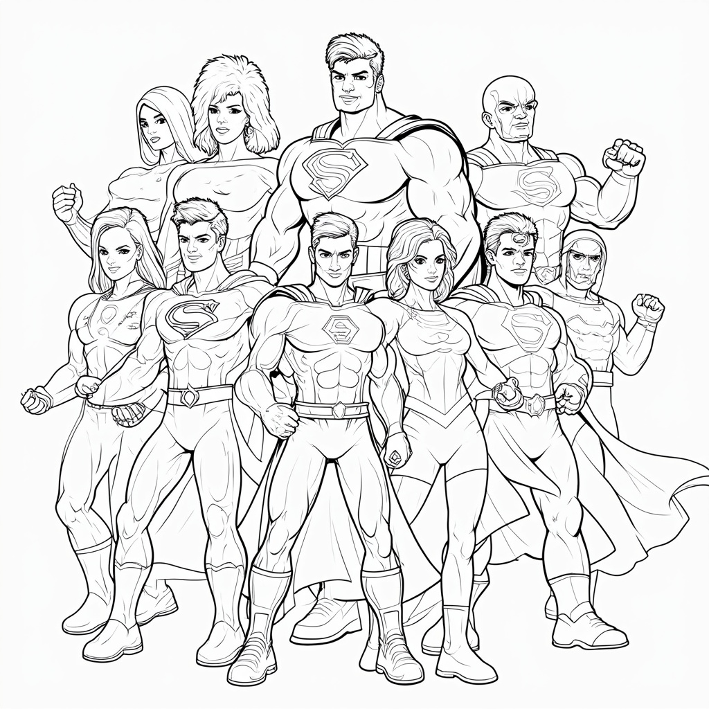 A coloring page featuring a team of diverse superheroes striking a dynamic pose together, ready for action.