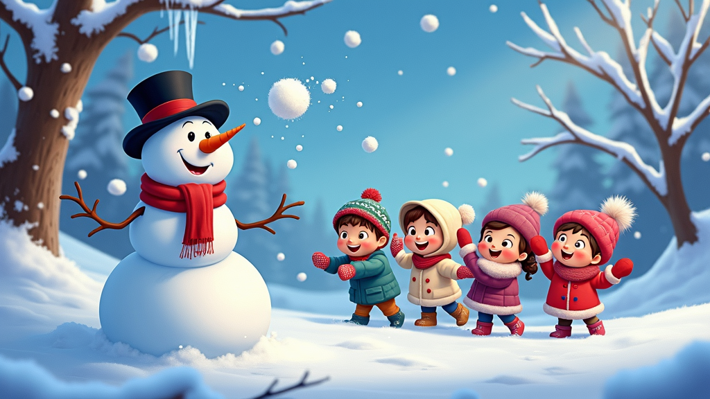 The image shows a group of children playing with a snowman in the snow. The snowman is wearing a scarf and a top hat, and is surrounded by trees covered in snow. In the background, there are more trees and a clear blue sky. The image is animated, giving it a festive feel.