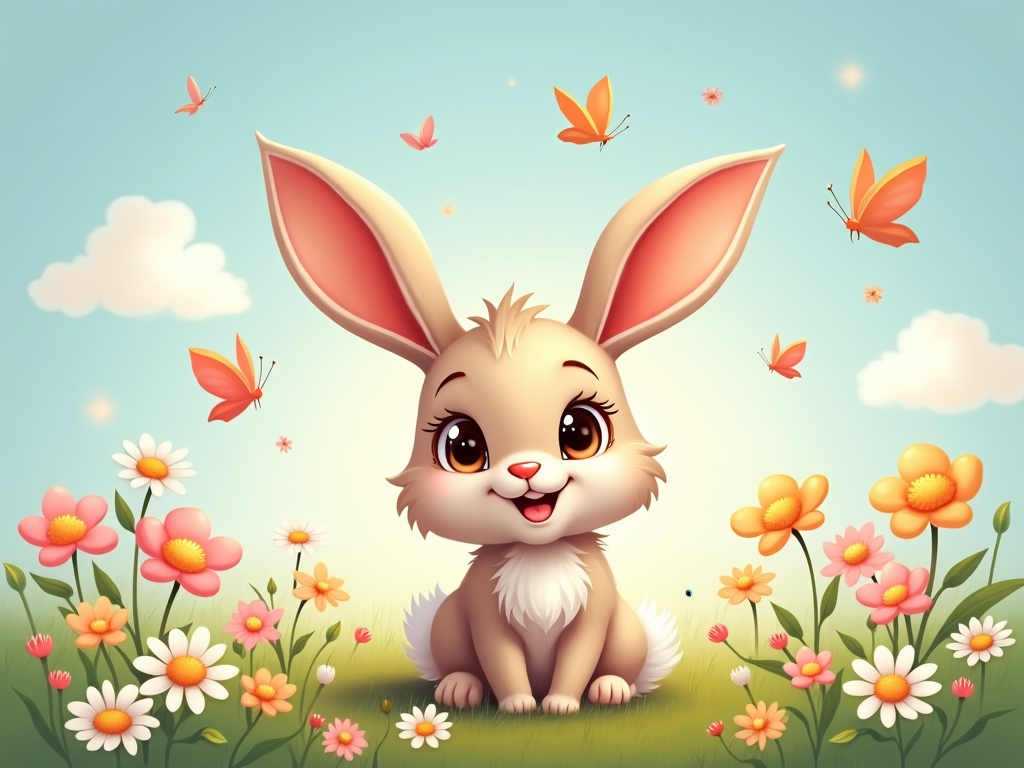 The image is a digital illustration of a cute bunny sitting in a field of flowers. The bunny is light brown in color with big pink ears and a big smile on its face. It is sitting on a patch of green grass with pink and orange daisies scattered around it. In the background, there are white clouds and orange butterflies flying in the sky. The overall mood of the image is cheerful and playful.