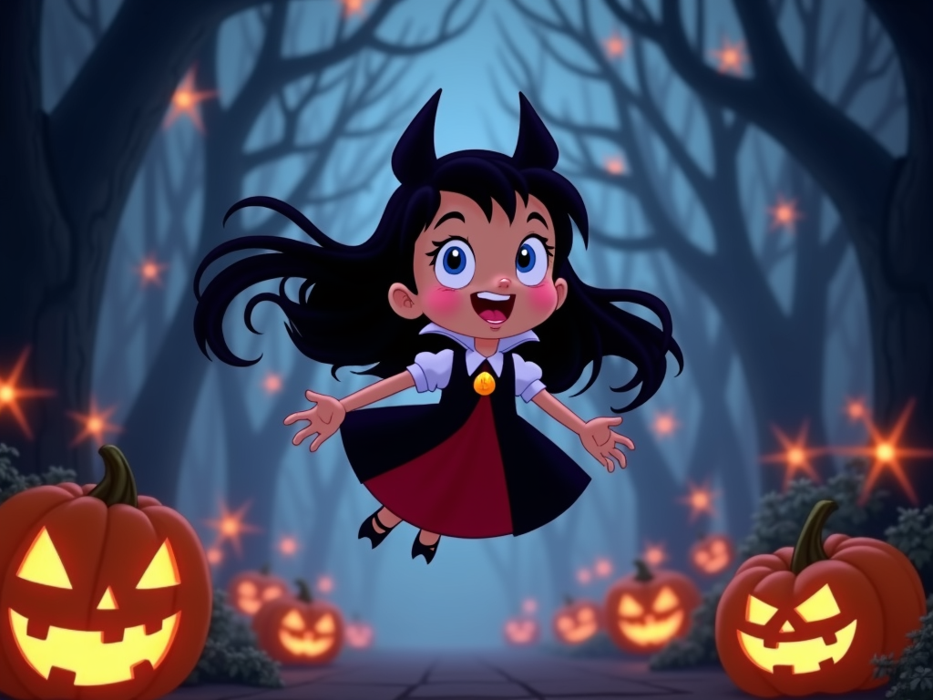  a cartoon illustration of a young girl with long black hair and horns on her head, wearing a red and black dress with a white collar. She has a big smile on her face and is flying through the air with her arms outstretched. The background is a dark forest with tall trees and glowing orange stars. In front of the girl, there are several jack-o-lanterns with carved faces. The overall mood of the image is spooky and festive.