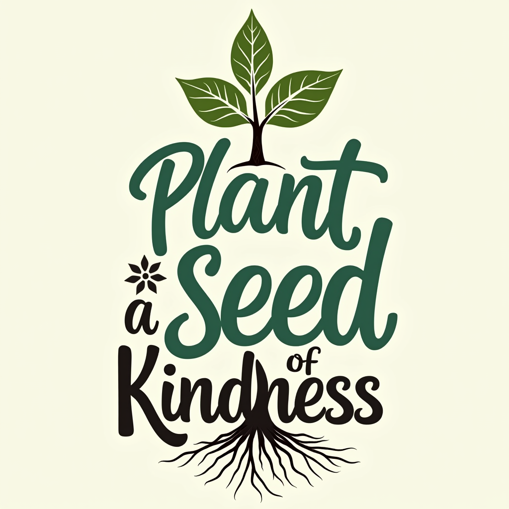 Typography-focused design where the words 'Planting a Seed of Kindness' form the shape of a growing plant or tree, with 'Kindness' as the prominent roots or leaves.