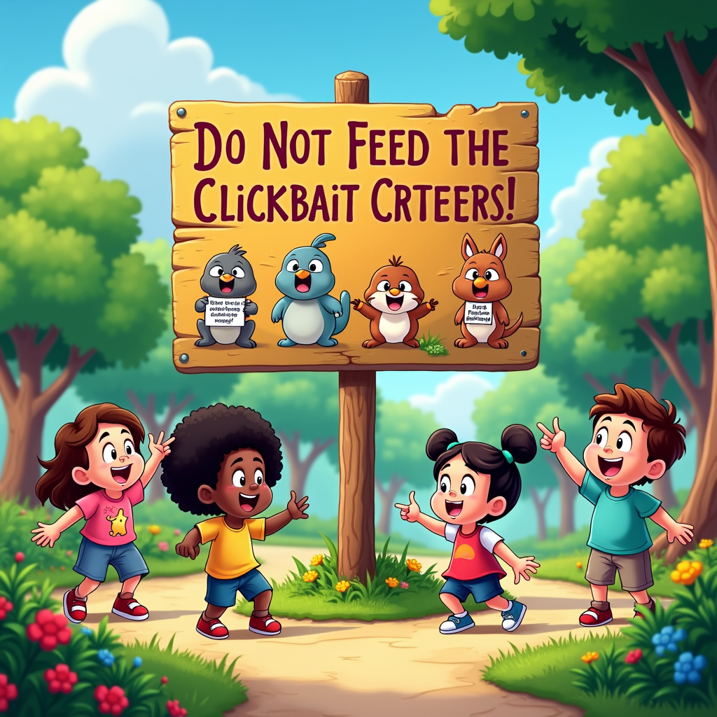 The 'Do Not Feed the Critters' Sign: Depict a digital park or playground where children are interacting positively. Prominently displayed is a cartoon signpost reading 'Do Not Feed the Clickbait Critters!' with images of various critters sadly looking at ignored bait (e.g., fake prize notifications, sensational headlines). This emphasizes ignoring temptation.