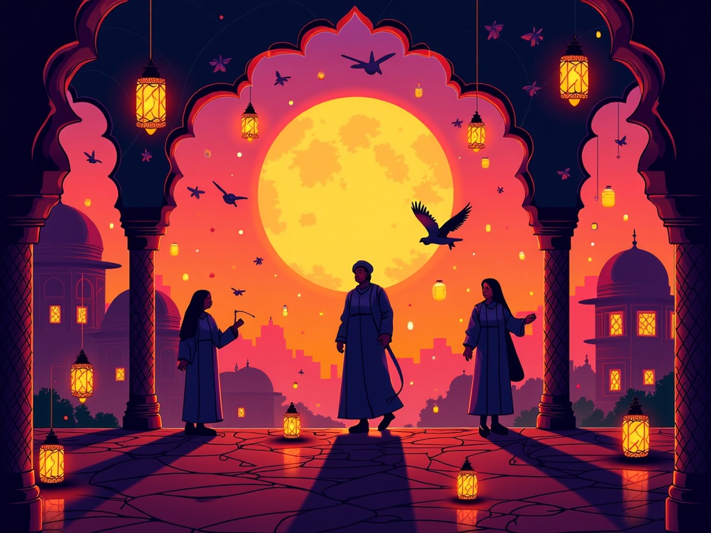 Silhouette & Light Play Theatre: Utilize animated silhouette art for characters and foreground elements, set against richly colored and textured backgrounds depicting Arabian landscapes or interiors. Interactive elements control light sources (e.g., lanterns, moonlight) that shift shadows and reveal new details or atmospheric changes.