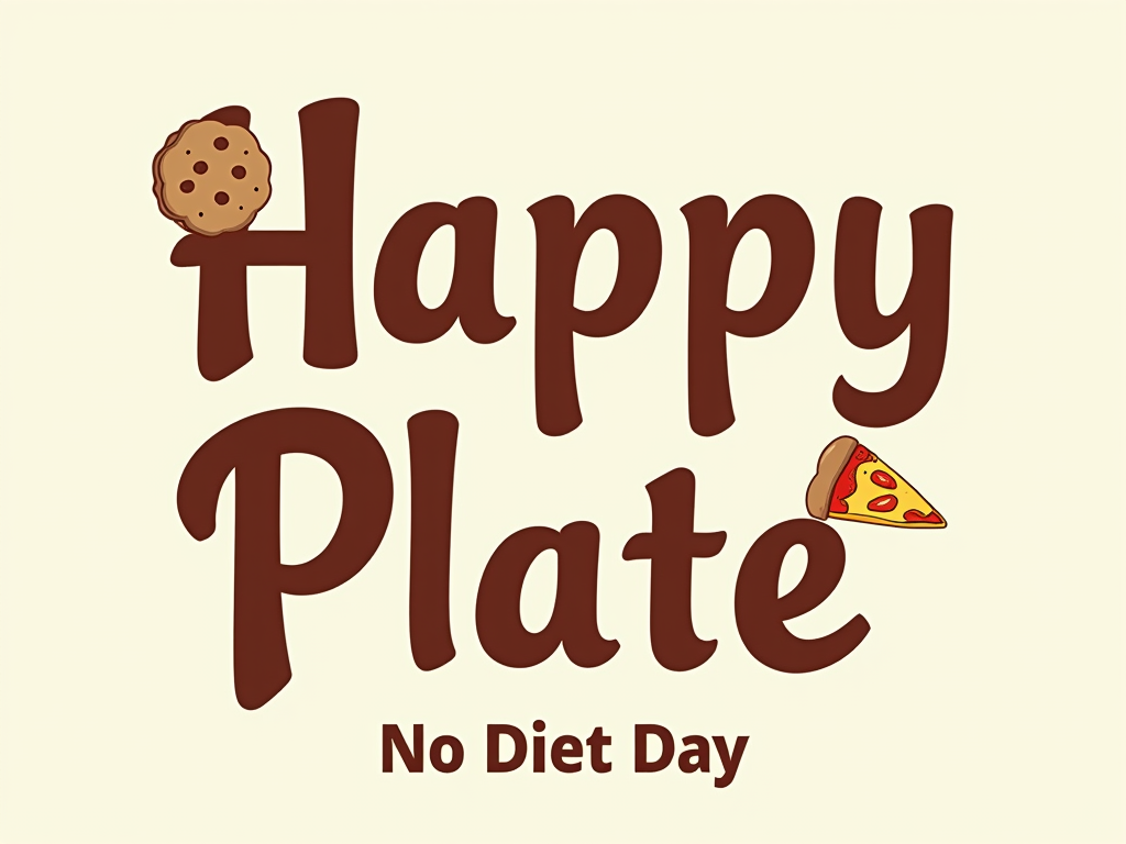 Simple Logo Idea: The words 'Happy Plate' or 'My Food Happy Place' in a cheerful, slightly irregular custom font, with a simple illustrative element of a food item (e.g., a cookie dotting an 'i' or a tiny pizza slice) integrated into the text. 'No Diet Day' can be a smaller tagline.