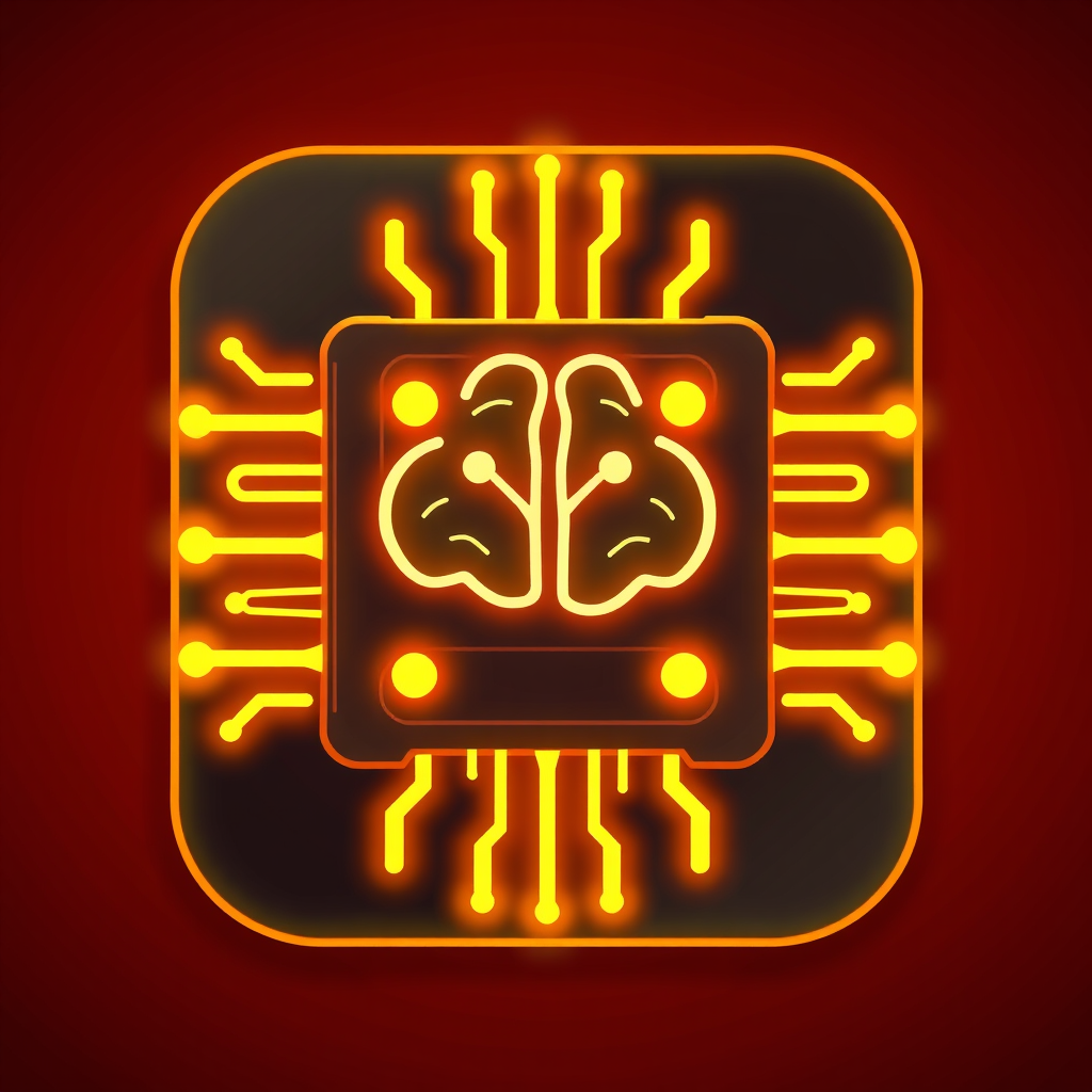 A stylized microchip icon featuring interconnected, glowing nodes that form a simple brain-like pattern within the chip's outline, using a tech-focused color palette.