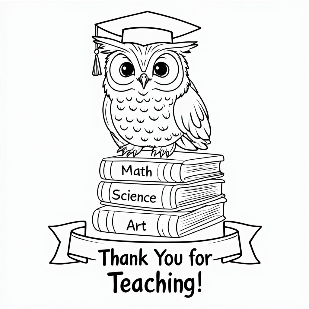 The Studious Owl: A wise owl wearing a graduation cap perched on a stack of named textbooks (e.g., 'Math', 'Science', 'Art'), with a banner below saying 'Thank You for Teaching!'