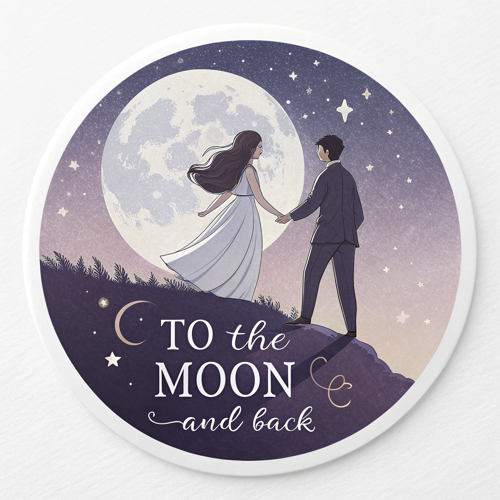 A circular sticker with a couple holding hands under a starry night, with the romantic quote 'To the moon and back'.