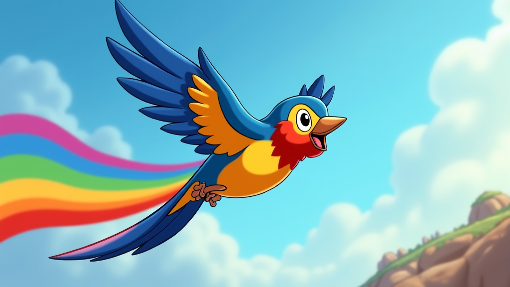 A simplified icon of a bird with a rainbow trail behind it, suggesting movement and colorful plumage.