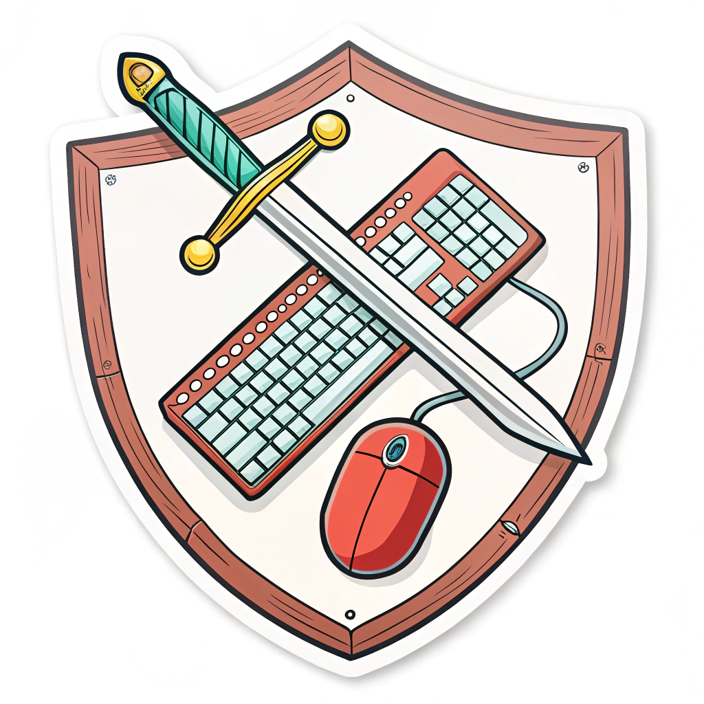 A shield with a keyboard and mouse crossed, like swords, symbolizing the battle of remote work.