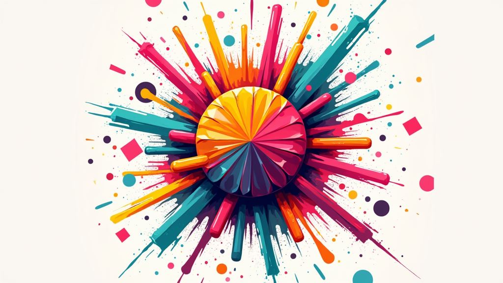 T-Shirt Design: 'Abstract Candy Blast' - A more modern, abstract design using bold geometric shapes and splatters of color to represent the candy explosion and piñata fragments. Focus on movement and a festive, energetic feel rather than literal depictions.