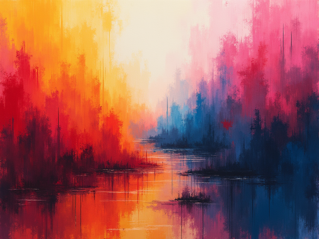 Harmonic Color Fields: Utilize large, overlapping fields of abstract color to represent the emotional and sonic landscapes of their music. Assign distinct but complementary color families to each artist. Where the color fields intersect, new hues and blended tones emerge, signifying the harmony of their collaboration, in the style of abstract expressionism.