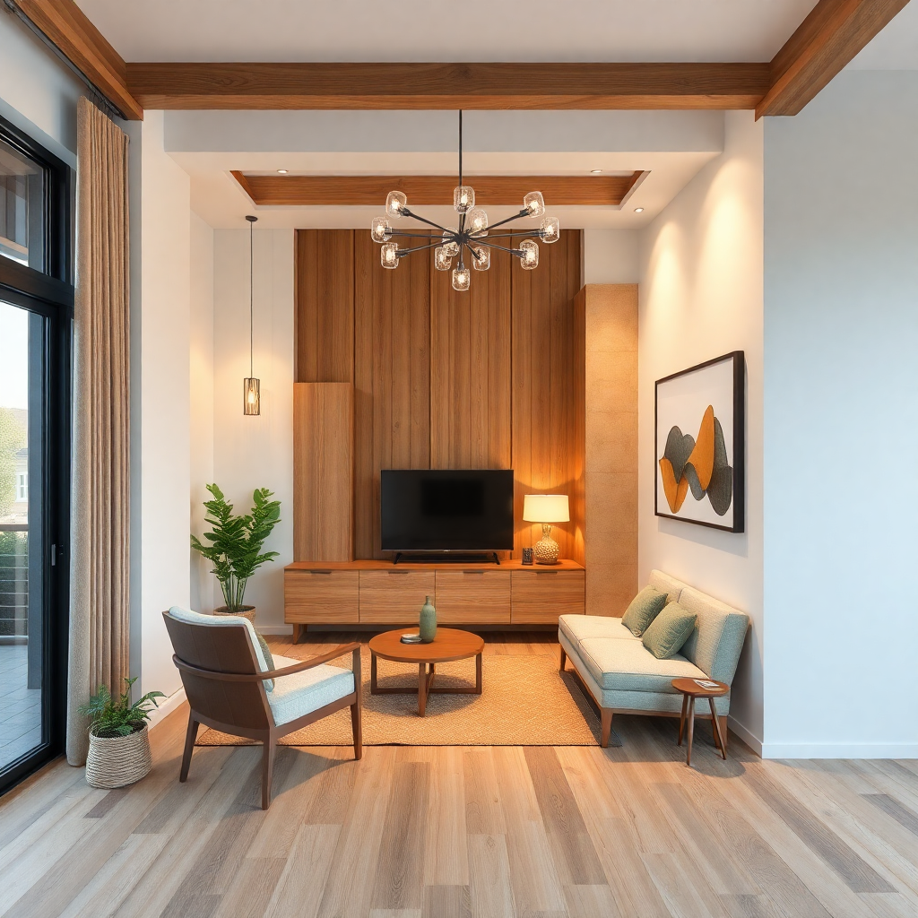  a modern living room with a large window on the left side. The room has a wooden ceiling with a chandelier hanging from it. The walls are painted in a light color and the floor is made of light-colored wood planks. On the right side of the room, there is a large wooden entertainment center with a flat-screen TV mounted on the wall above it. There are two armchairs with blue cushions and a wooden coffee table in front of the TV. A small side table with a lamp and a vase is placed on the floor next to the armchairs. A painting hangs above the TV and a potted plant is placed next to it.