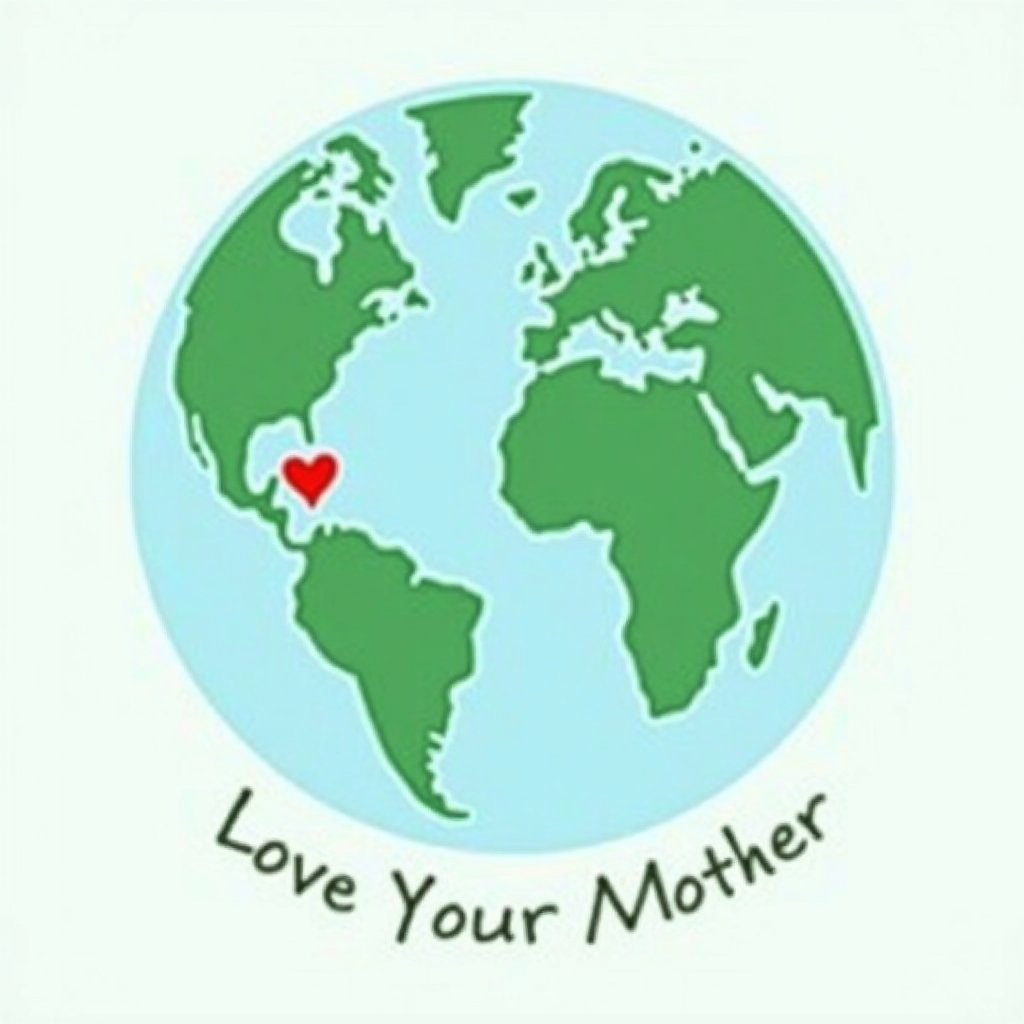 Simple icon/logo: A clean, circular Earth with a small, bold heart symbol over a landmass. 'Love Your Mother' in a compact, sans-serif font below or curved at the globe's lower edge. Suitable for a small chest print or tag.