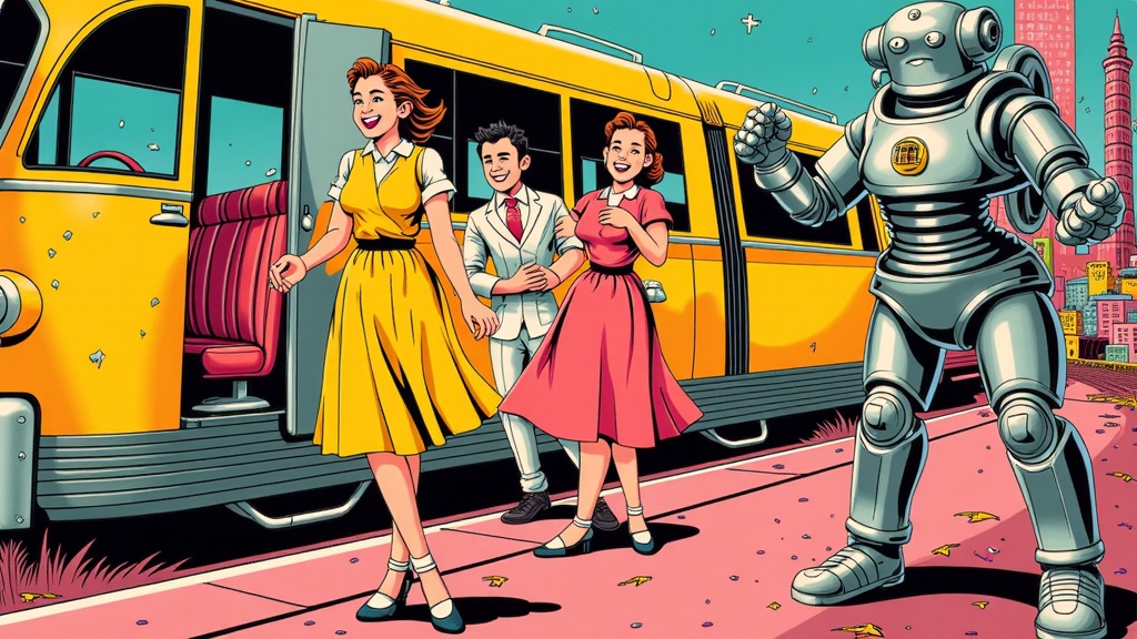 Retro-Futuristic Glitch Aesthetic: A seemingly perfect, brightly colored 1950s-style futurist scene (e.g., family with robot butler, sleek monorail) that is intentionally and visibly 'glitched' or distorted by the AI, revealing digital artifacts or surreal interruptions, hinting at a darker narrative.