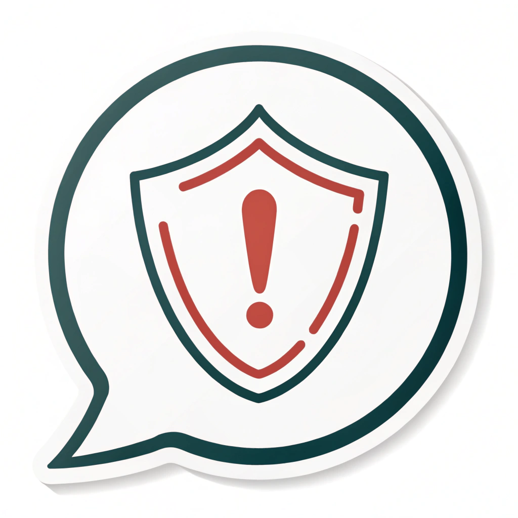 Simple Alert Icon for Stickers: A minimalist icon featuring a shield with a bold exclamation mark inside. Encircling the shield could be a subtle outline of a chat bubble to directly tie it to social media communication. This core icon can be adapted for various sticker styles and conveys immediate caution.
