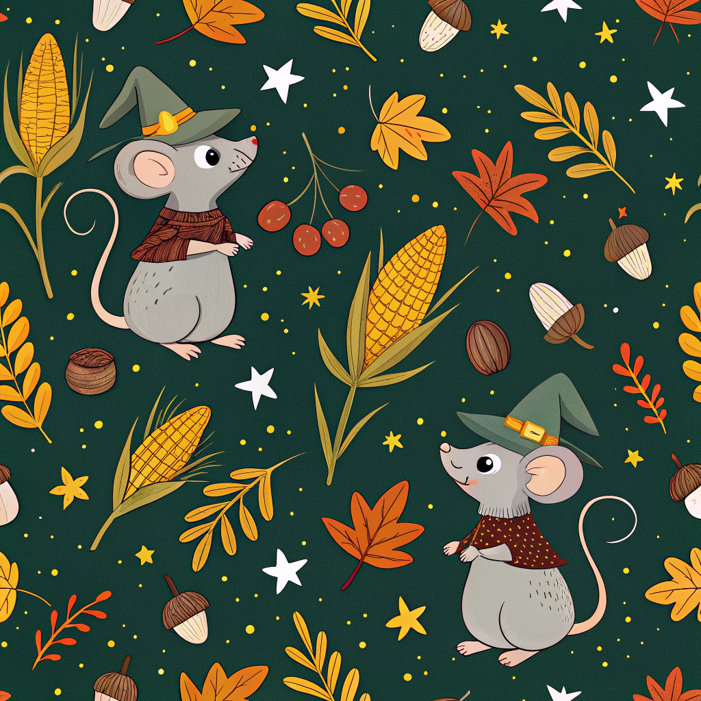 A playful Thanksgiving pattern depicting tiny mice in pilgrim hats gathering corn and nuts. Interspersed with colorful autumn foliage and small twinkling stars on a dark green background, this design narrates a cute and charming Thanksgiving tale.