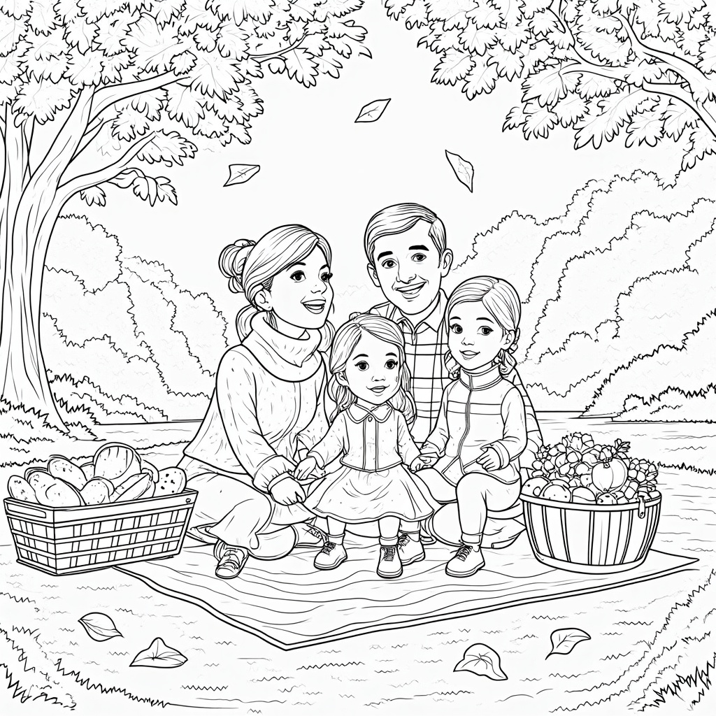 A picturesque scene of a family enjoying a Thanksgiving meal on a picnic blanket in a park, with baskets filled with bread and fruit, surrounded by autumn foliage and gently falling leaves.