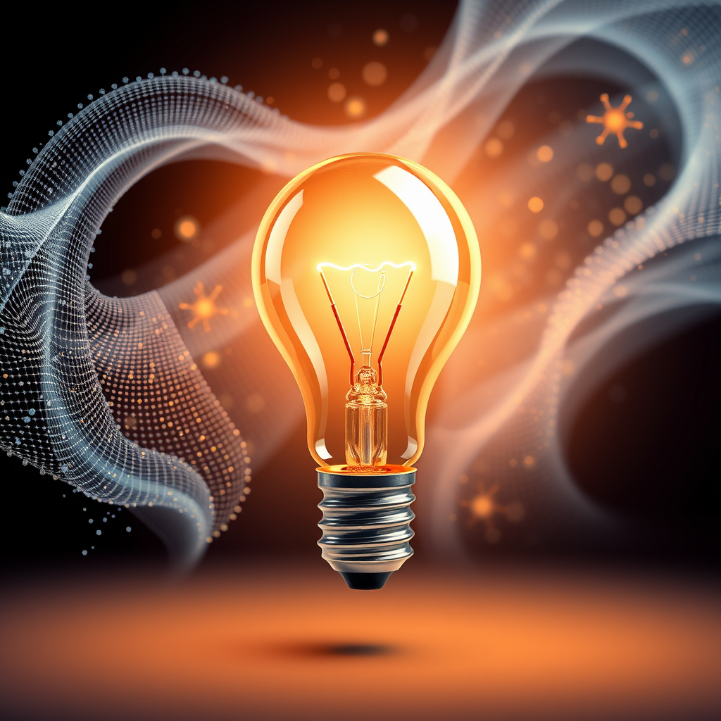 A classic lightbulb icon, symbolizing the 'Spark of AI', integrated with flowing digital data streams or particles, representing an idea generated by AI (Generative AI) acting as a Digital Muse.