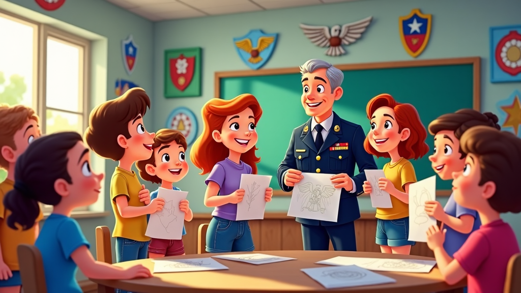 An exuberant cartoon scene in a vibrant schoolroom where kids hold drawings of their heroes, proudly showing them to a visiting veteran. The veteran, touched, congratulates each child, surrounded by vivid arts and crafts on walls that celebrate service members with designs of eagles and shields.