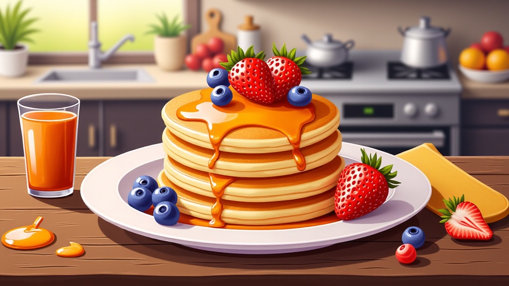  a stack of pancakes on a white plate with a drizzle of orange syrup on top. The pancakes are golden brown and appear to be freshly made. On top of the pancakes, there are fresh strawberries and blueberries. On the right side of the plate, there is a glass of orange juice. The background shows a kitchen countertop with a sink, a stove, and a bowl of fruit. There are also a few potted plants on the countertop. The overall color scheme of the image is warm and inviting.